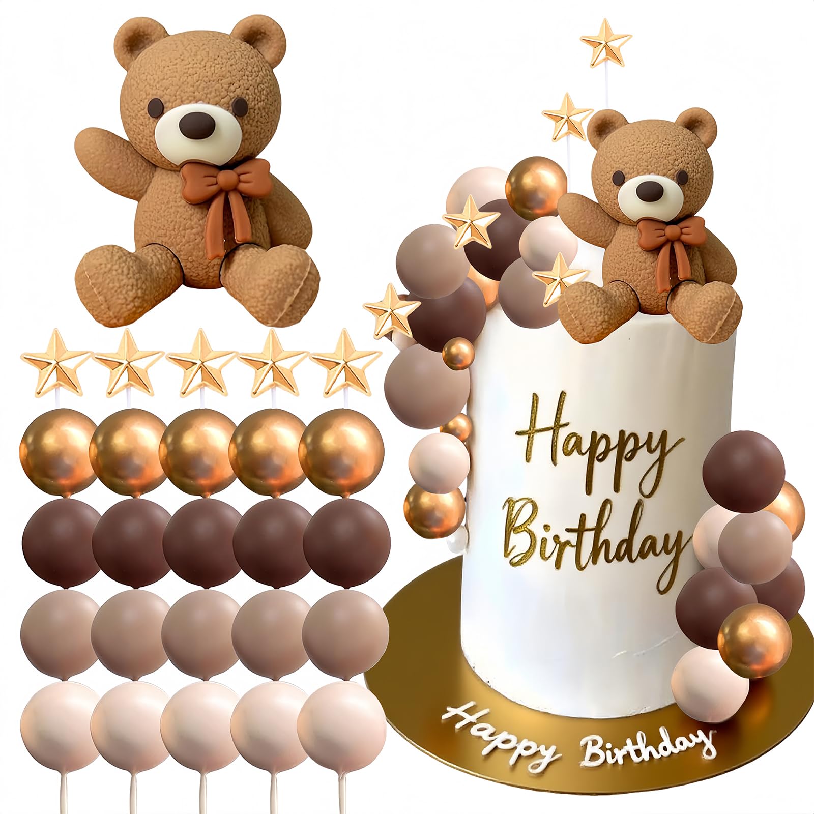 Bear Cake Decoration, 26pcs Beige Brown Balls Cake Decoration, Luxury Baby Shower, Topper Boho Cake, Bear Baby Shower Party Supplies Teddy Bear (Dark Brown Coffee)
