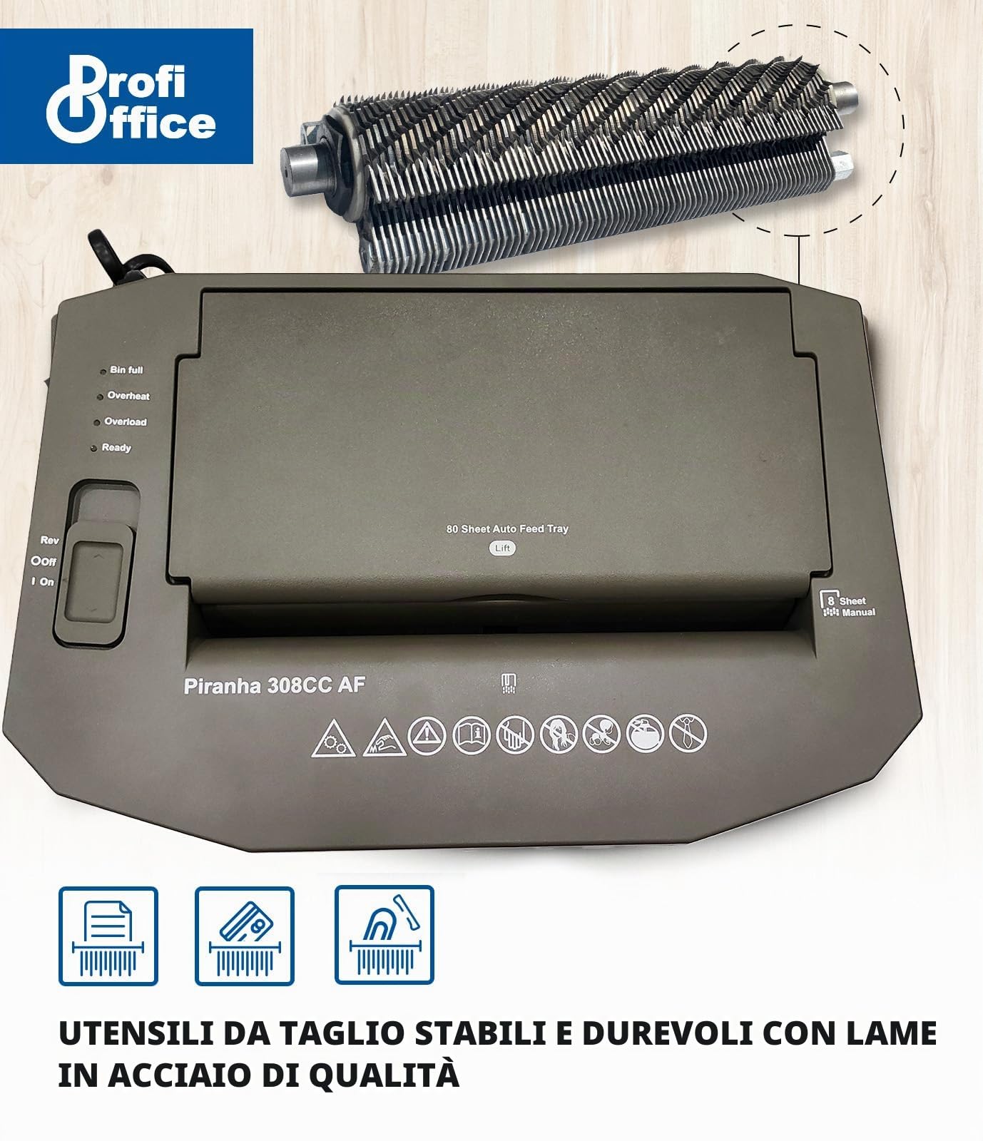 Profi Office Piranha 308 AF Distruggidocumenti con Taglio a Particelle P-4 - Alimentazione Automatica 80 Fogli, Affidabile e Veloce, Conforme al GDPR (91951)