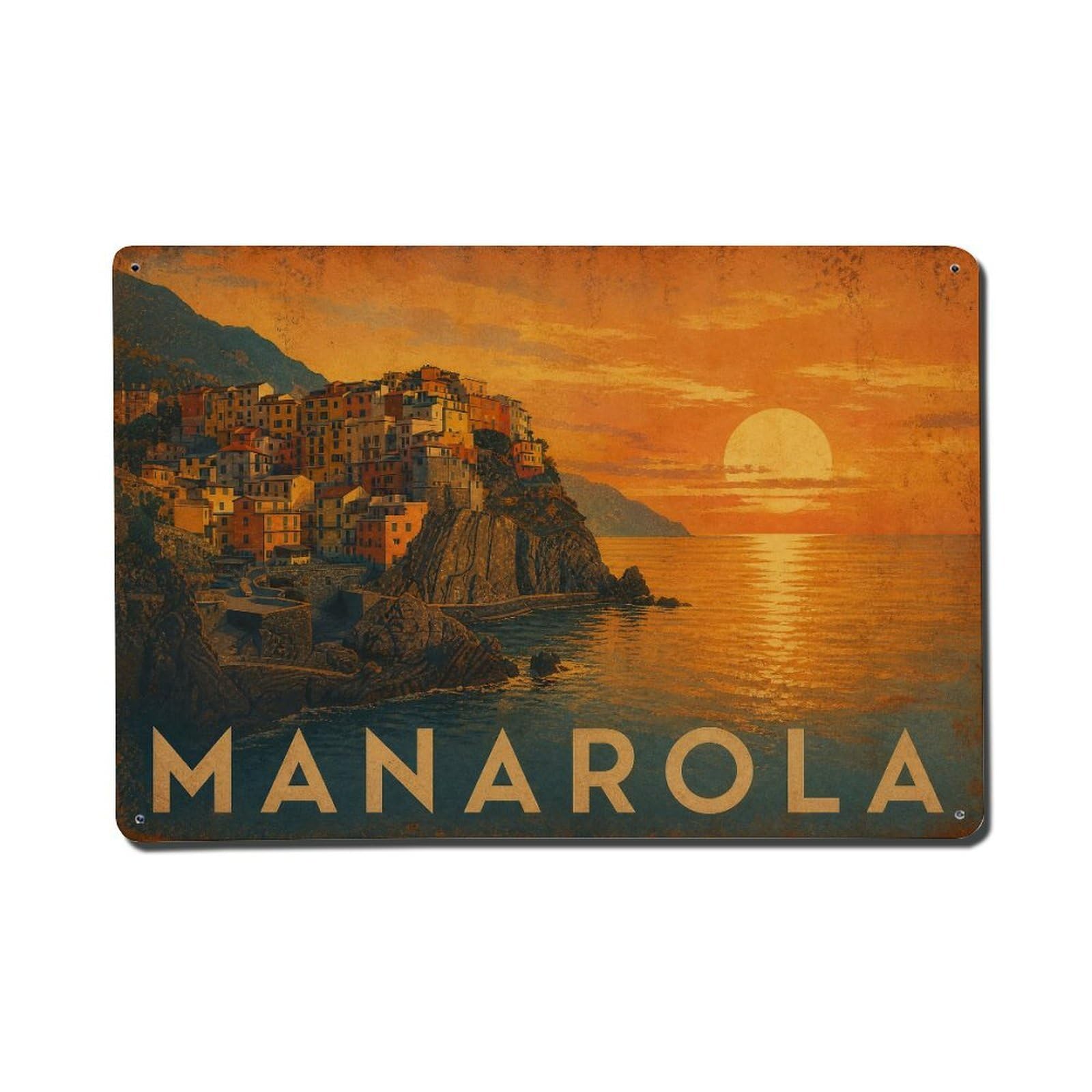 Vintage Travel Manarola Sunset Sea Golden Waters Italy Metal Tin Sign
