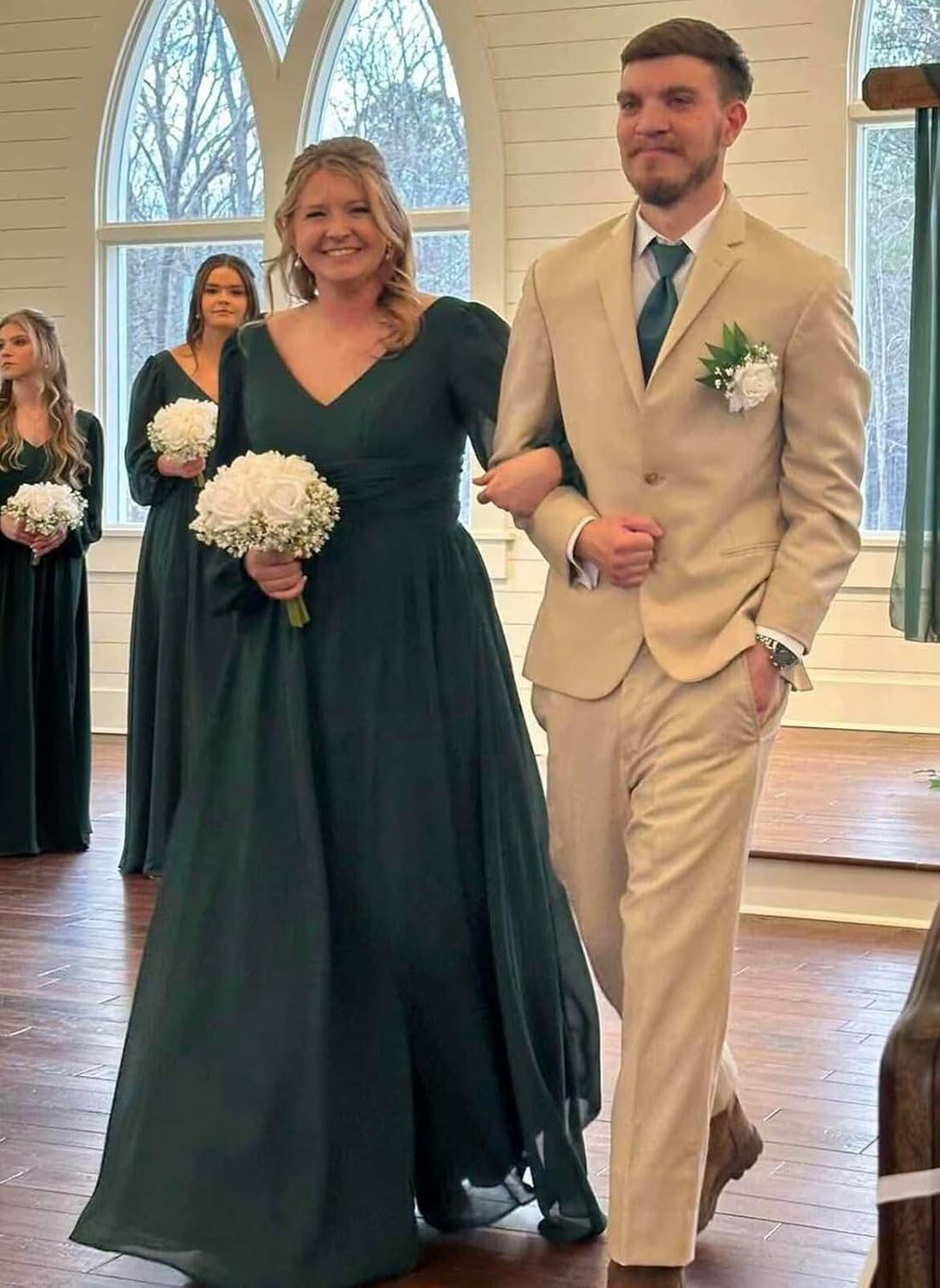 SNOWROSE Long Sleeve Bridesmaid Dresses for Women V Neck Pleated A Line Chiffon Wedding Guest Dress with Slit - Image 6