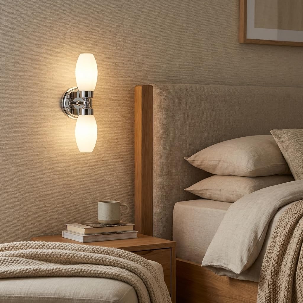 Alpinaluz Aplique de Pared para Baño con Dos Focos E14, Diseño Moderno en Cromo con Pantallas de Cristal Opal, Protección IP44 para Ambientes Húmedos, Iluminación Suave y Uniforme