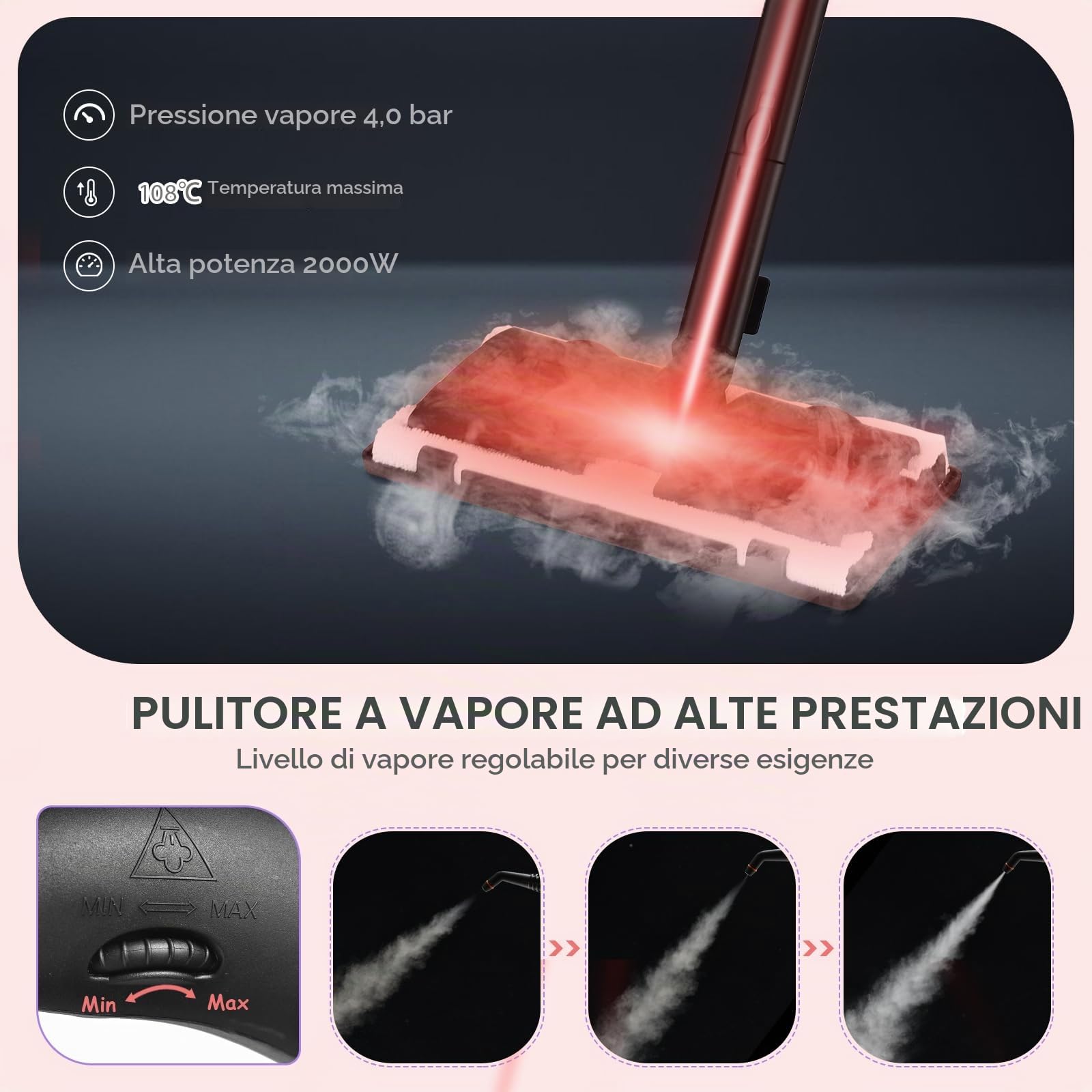 SOARS Pulitore a Vapore Portatile 2000W, Pressione del Vapore: 4 Bar, Massimo 108℃, Preriscaldamento: 5-6 Min, Serbatoio dell'Acqua: 1,5L, con 19 Accessori, per Divano, Pavimento, Finestra (Rosso)
