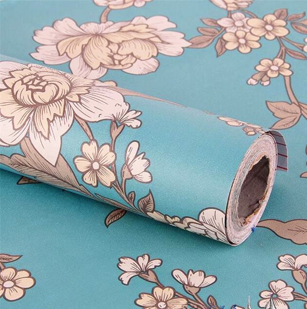 Moyishi Vintage Floral Flower Paper Peel & Stick Shelf Liner Dresser Drawer Sticker 17.7''x78.7'' (Blue)