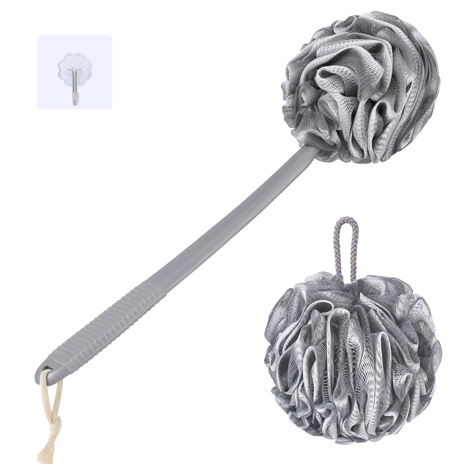 VANZAVANZU Set di Spugne di Luffa, Esfoliante Corpo, Manico di Plastica Antiscivolo da 17" con Spugna da Doccia Soffice, Spugne da Doccia in Morbida Rete PE-Grigio con bordo bianco