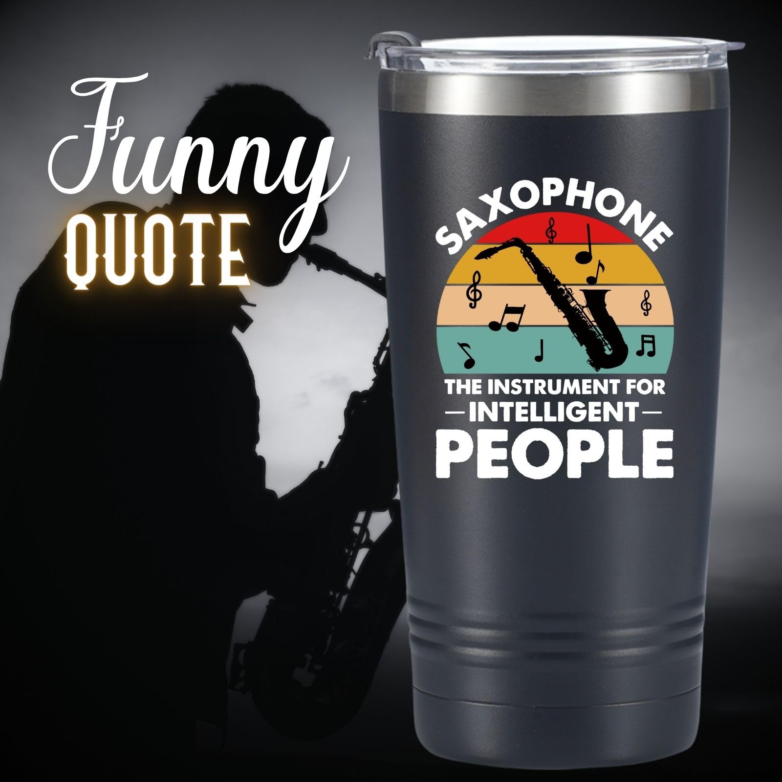 Onebttl Saxophone Player Tumbler - Insulated 20oz Stainless Steel Travel Mug with Straw, Brush, Lid, and Gift Box for Jazz Lovers
