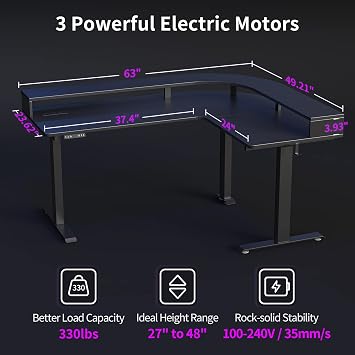 FEZIBO L Shaped Standing Desk with Arc LED & Power Outlet, Exclusive Uprated 3 Motors Support 330LBS, Electric Height Adjustable L Shaped Desk with Large Monitor Stand, for Gaming Office, Black
