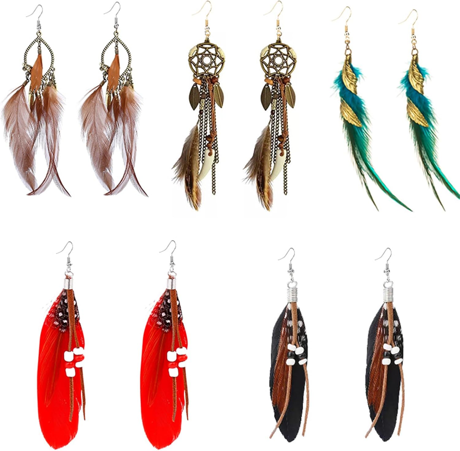 MALOYANVE Feather Earrings Multi piece Set For Women Dream Catcher Bohemian Fringe Tassel Long Drop Dangle Earrings Set With Fashion Accessories For Wedding Party Jewelry Gifts
