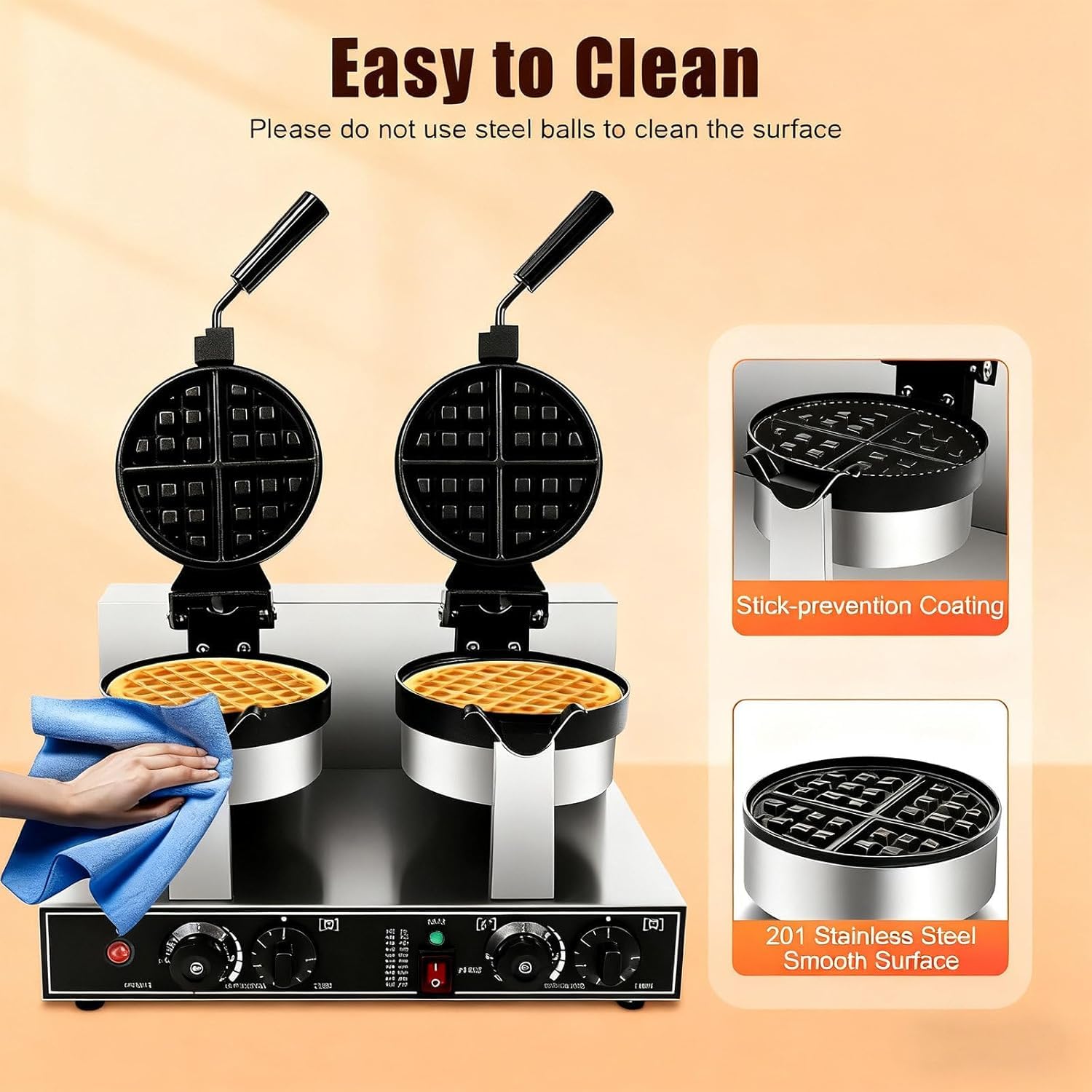 Gofrera Comercial, 2400 W, Acero Inoxidable, Doble Cabezal Giratorio, Antiadherente, Molde Redondo Para Gofres Belgas, Ideal Para Hornear Y Preparar Desayunos En Panaderías, Restaurantes Y Bares.