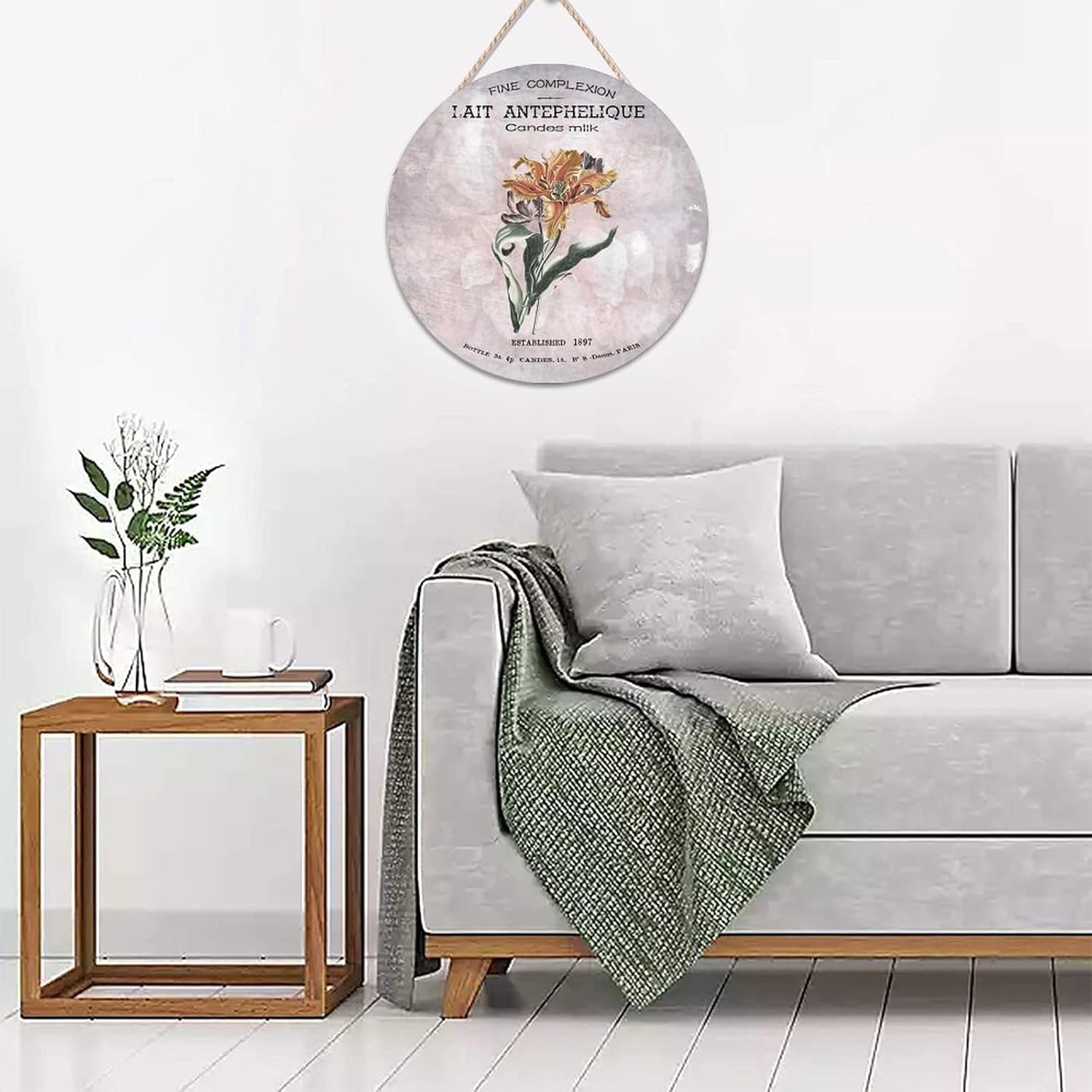 French Vintage Flower Wood Door Sign Retro Round Door Hanger Sign 16x16in Flower Wall Hanging Sign Plaque for Front Door Entryway Porch Bar Pub Farewell Party Housewarming Gifts