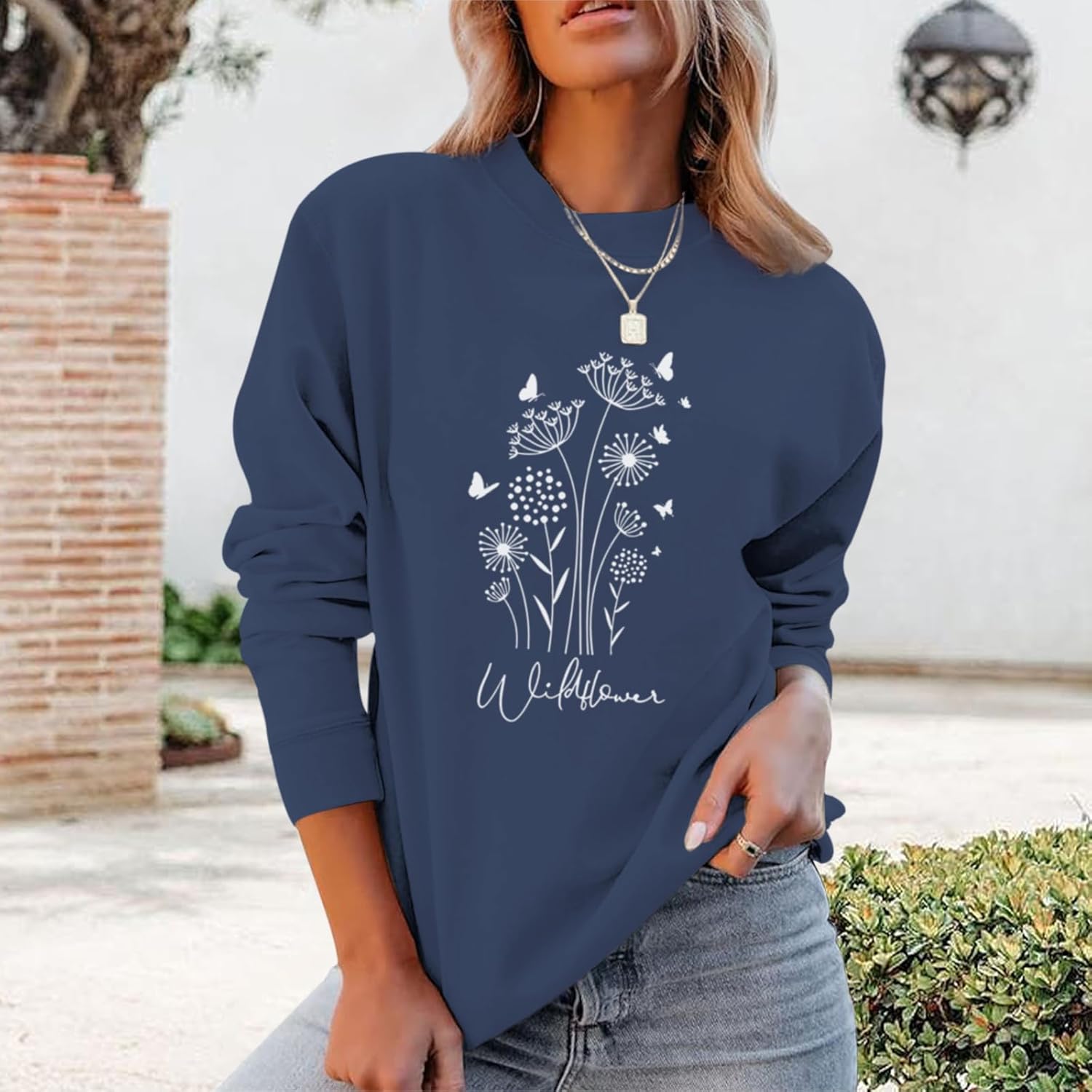 Bobeutou Flower Graphic Sweatshirt for Women 80s Vintage Minimalistic Floral Printed Long Sleeves Shirt Loose Pullovers Tops - Image 4