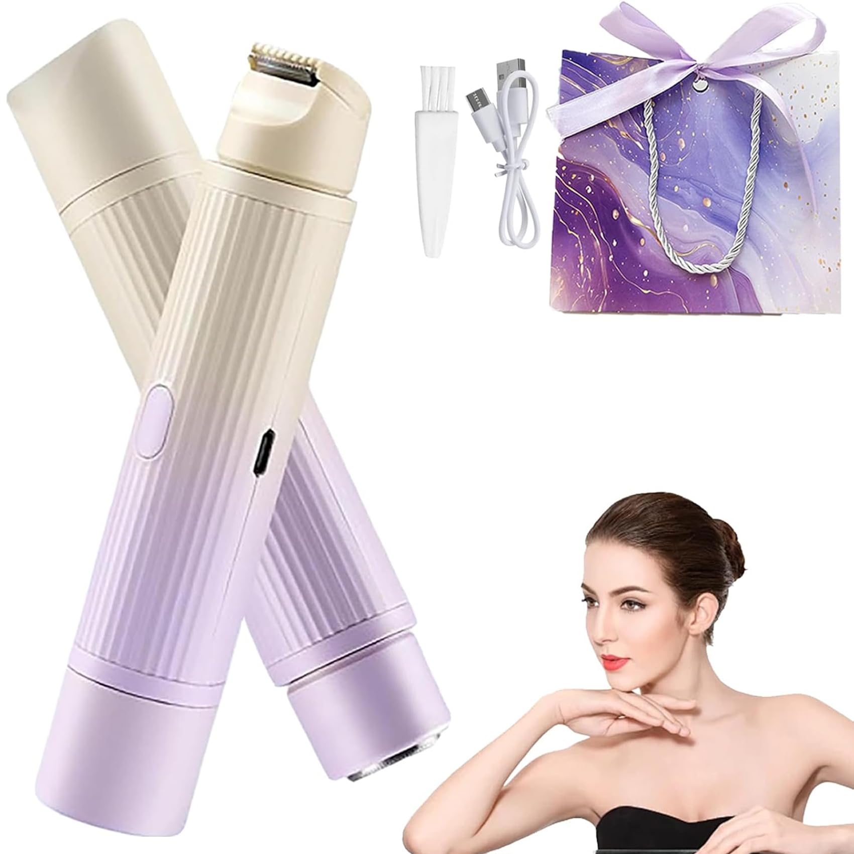 Comfort 2 in 1 Electric Lady Shaver, Dual Head Shaver Women, Bikini Trimmer for Women, Cordless Rechargeable Waterproof Women's Electric Razor Dry/Wet, for Facial Chin Underarm Legs (Purple)