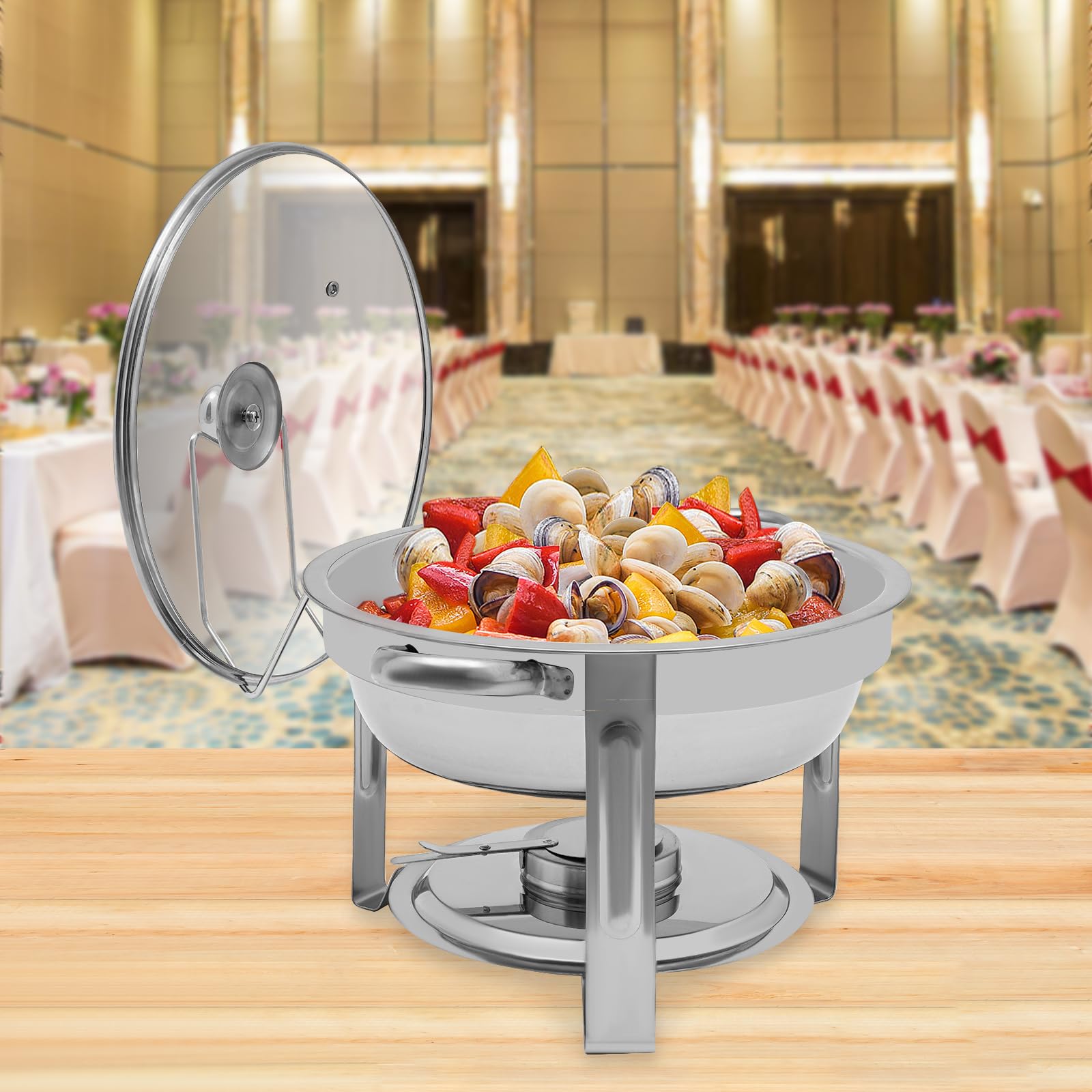 Chafing Dish Buffet, 5 l Round Fondue de acero inoxidable con tapa de contenedor de mantenimiento caliente para restauración, aparadores (plata)