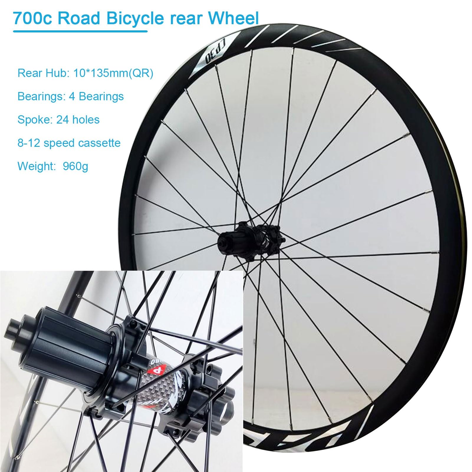 Zestaw kołowy 700c koła do roweru szosowego, koło QR ze stopu aluminium podwójna ściana zestaw rowerowy tylne 8-12 prędkości zestawy kół piasta 30 mm felgi drogowe (kolor: przednie tylne koło, rozmiar