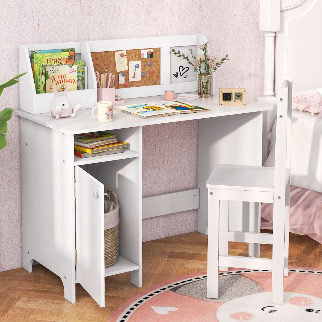 GLACER Kids Desk and Chair Set, Study Table for Kids w/Storage Cabinet, Bulletin Board, Whiteboard, Bookshelf, Wooden Boys Girls Desk for Writing, Reading, Computer Workstation, Home, School