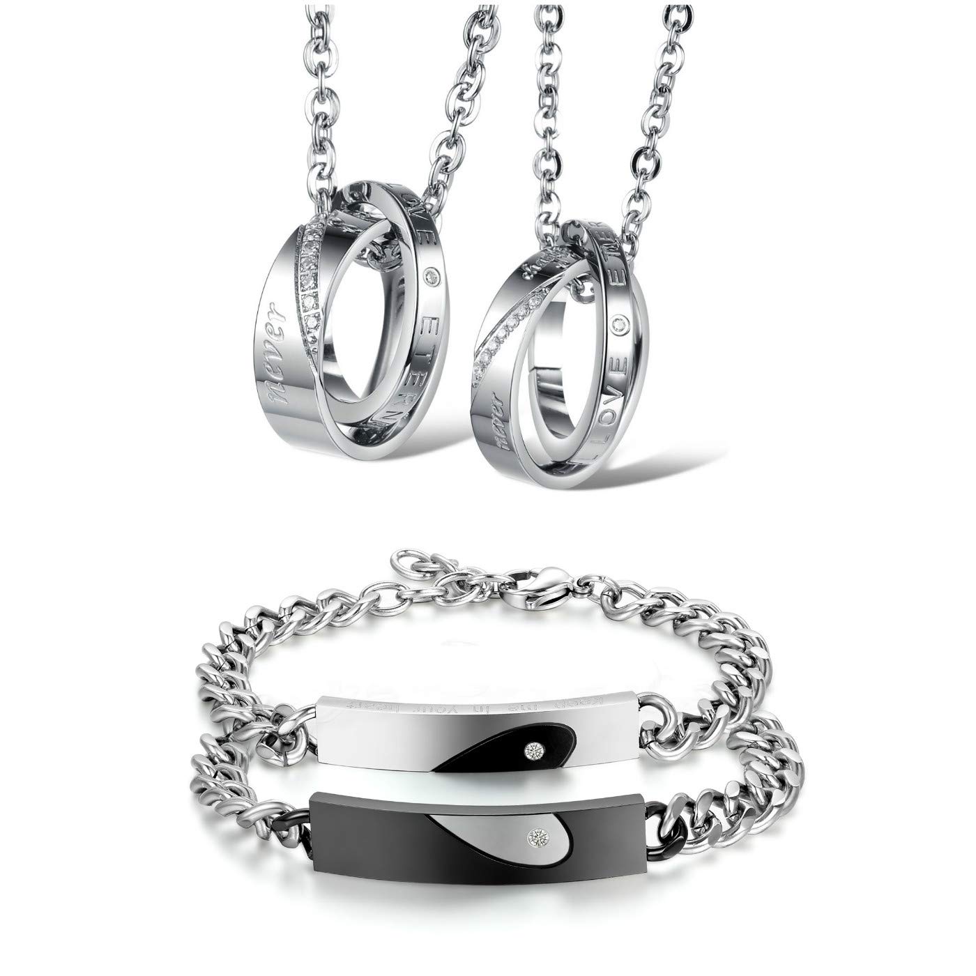 Flongo Pulseras para Parejas, Collares Colgantes para Parejas, Pulseras de Amor, Collares de Parejas de Acero Inoxidable Color Negro Plateado, Regalo para San Valentín