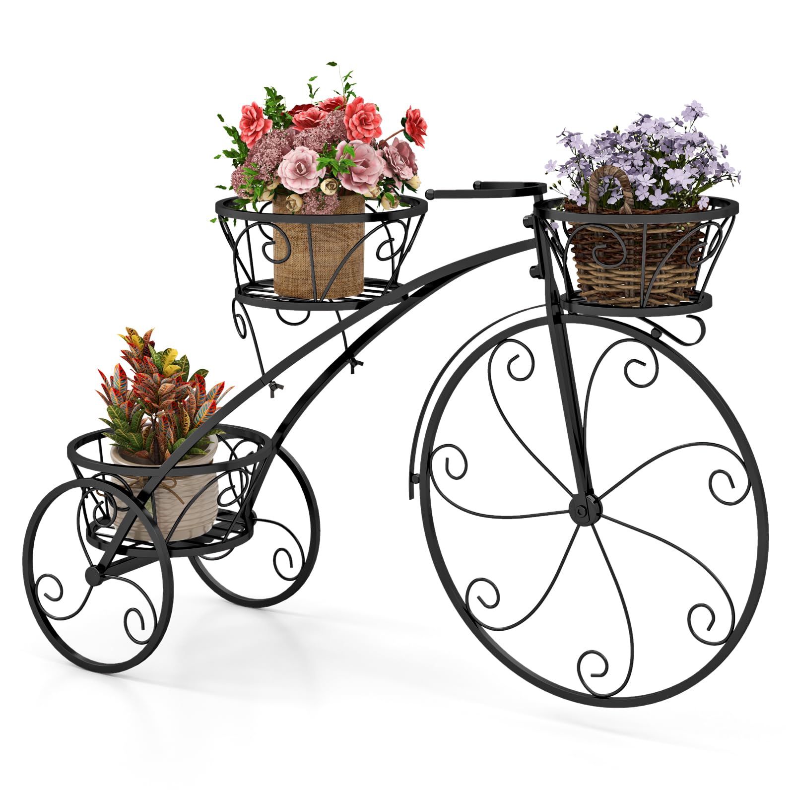 COSTWAY Support pour Plantes Tricycle, Porte-Pot de Fleurs en Métal à 3 Niveaux avec 3 Panier Découpés et Roues Élégantes Style Parisien, pour Patio Jardin Balcon (Noir)