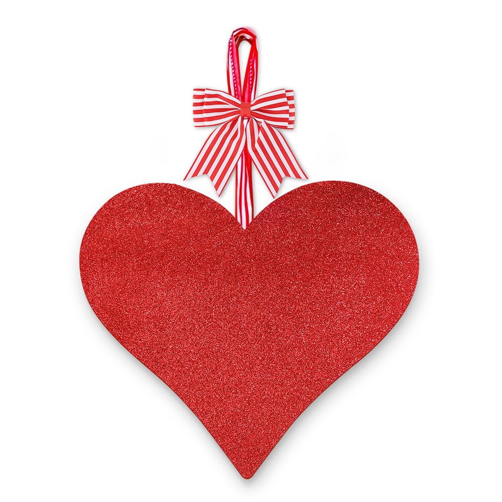 AKEROCK Valentines Decorations Red Glittery Heart Shaped Wooden Hanging Sign for Home, Wall, Door Hanger Decor