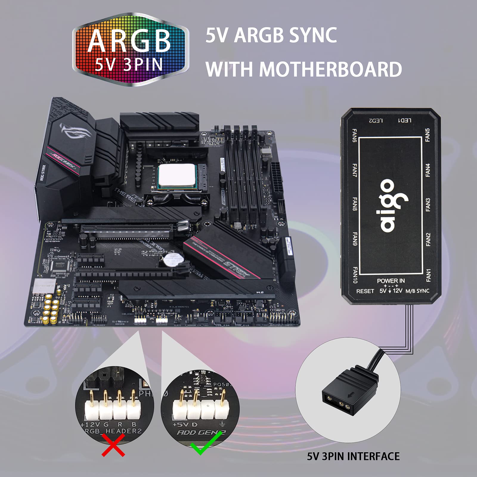 aigo AR12 5Pack 120mm RGB Case Fan ARGB Addressable Motherboard SYNC