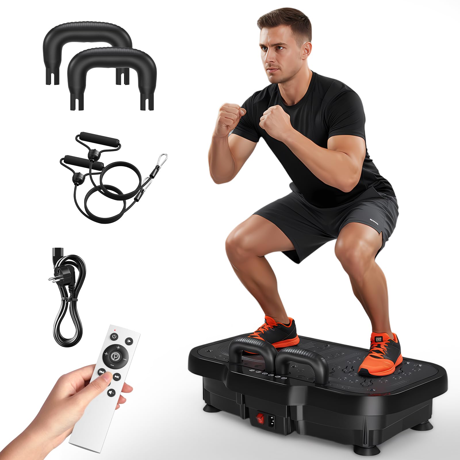 Vibrationsplatte Fitnessgerät mit 180 Stufen, Haltegriffen & Widerstandsbändern, Bluetooth, Fernbedienung, bis 150kg, für Ganzkörpertraining zu Hause