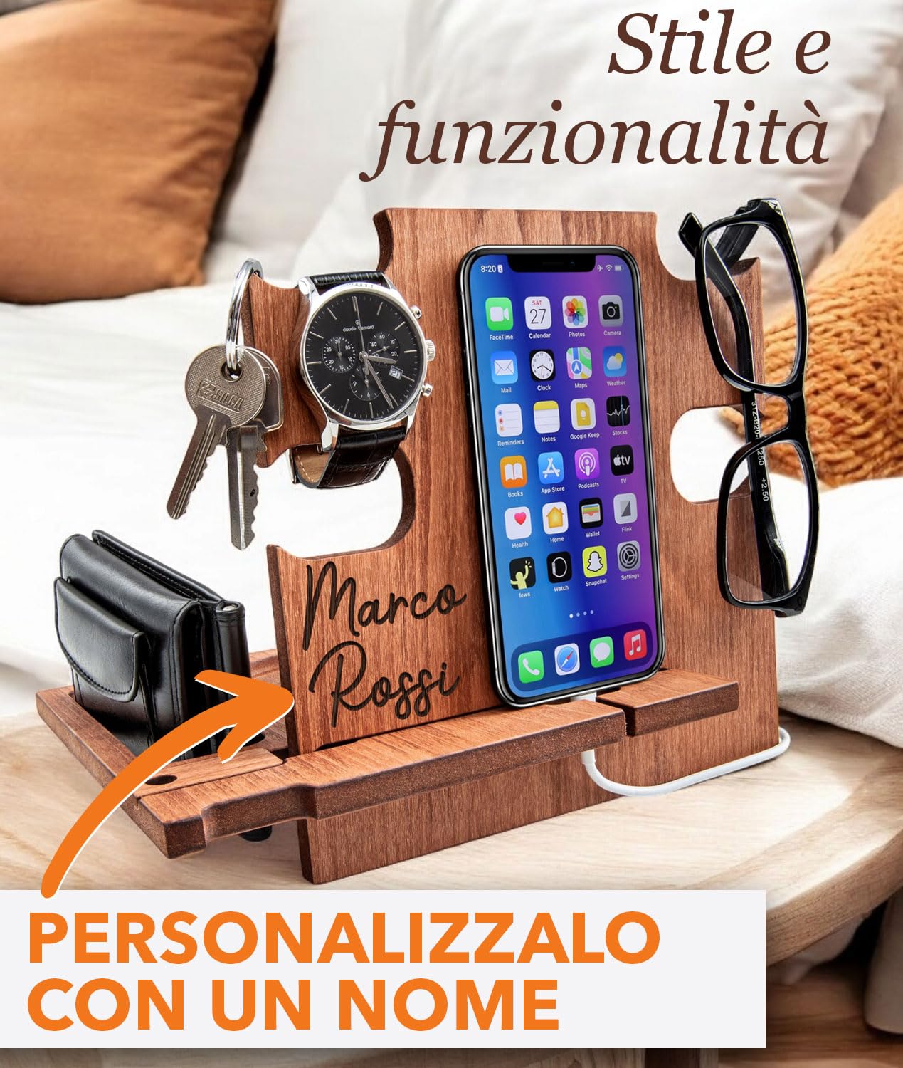 Greta Oto Svuotatasche in Legno Personalizzato Organizer da Scrivania e Comodino con Supporto per Smartphone Porta Orologi Regalo Festa del Papà