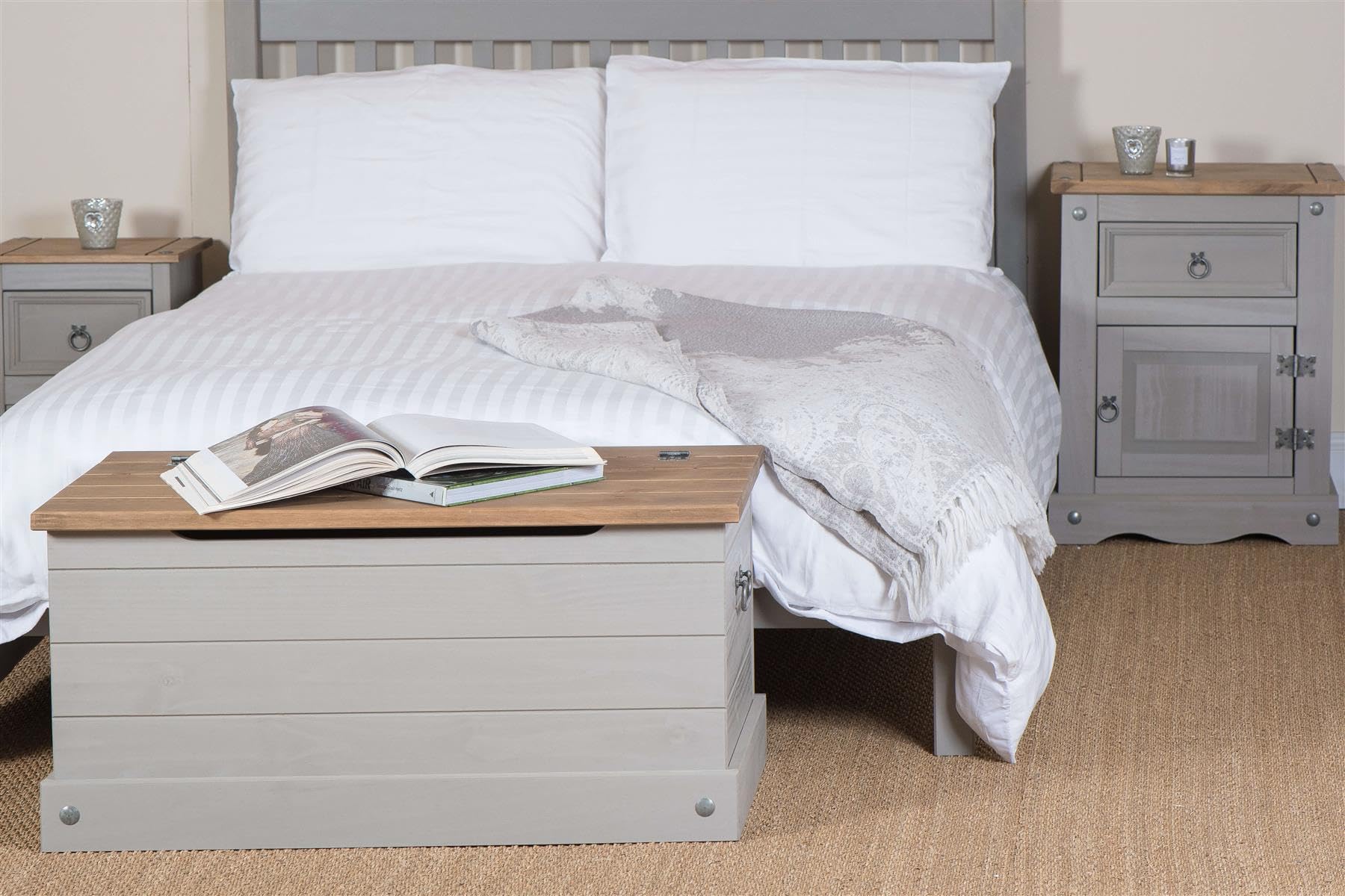 Home Source Solid Pine Wood 4ft 6-Inch Double Bed Slatted Frame And Headboard, Low Foot End
