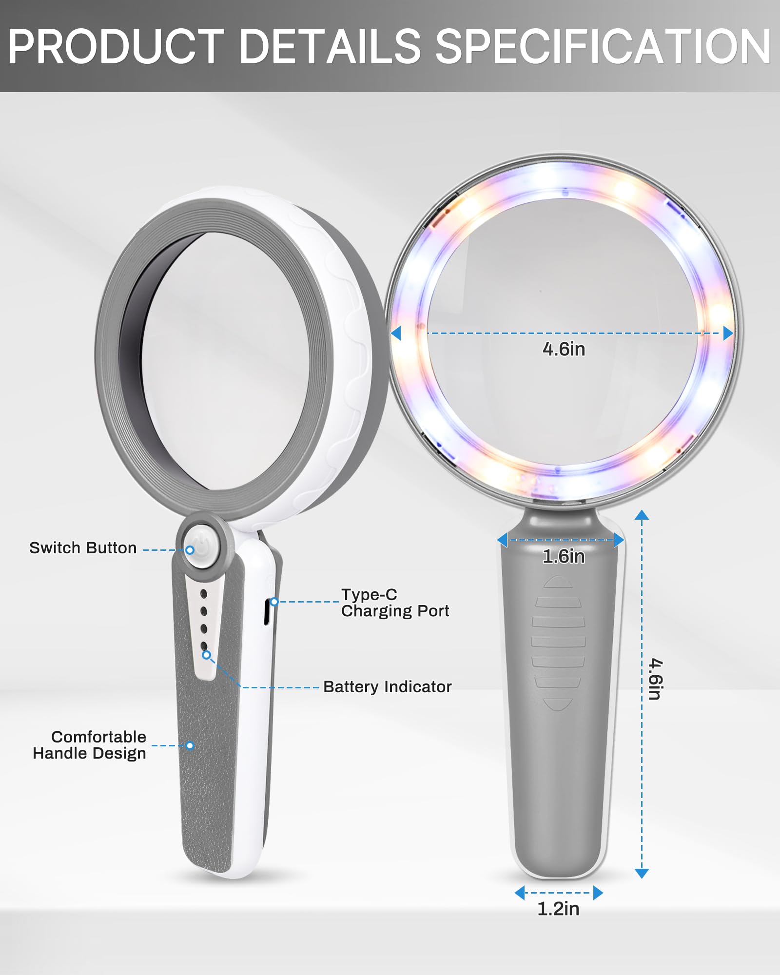Lupe mit Licht, 45-fache Handlupe mit 12 LED-Leuchten, 3 Beleuchtungsmodi, leicht, wiederaufladbar über USB, geeignet zum Lesen, Prüfen, Schmuck, Münzen, Erkunden
