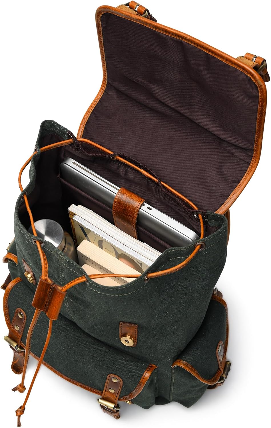 Leather Canvas Backpack Durable Vintage Large Travel Laptop Bag for Men & Women Work Hiking School (Oily Green)