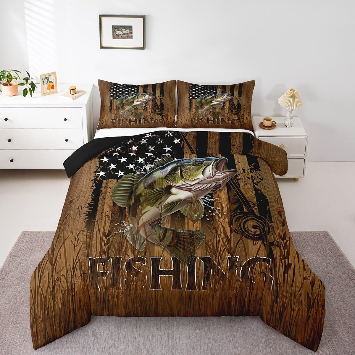 Feelyou Fishing and Hunting Bedding Set Boys Girls Twin Size American Flag Comforter Set for Kids Women Men Pike Fish Comforter Set Outdoor Hunter Theme Duvet Set Room Decor Quilt Set