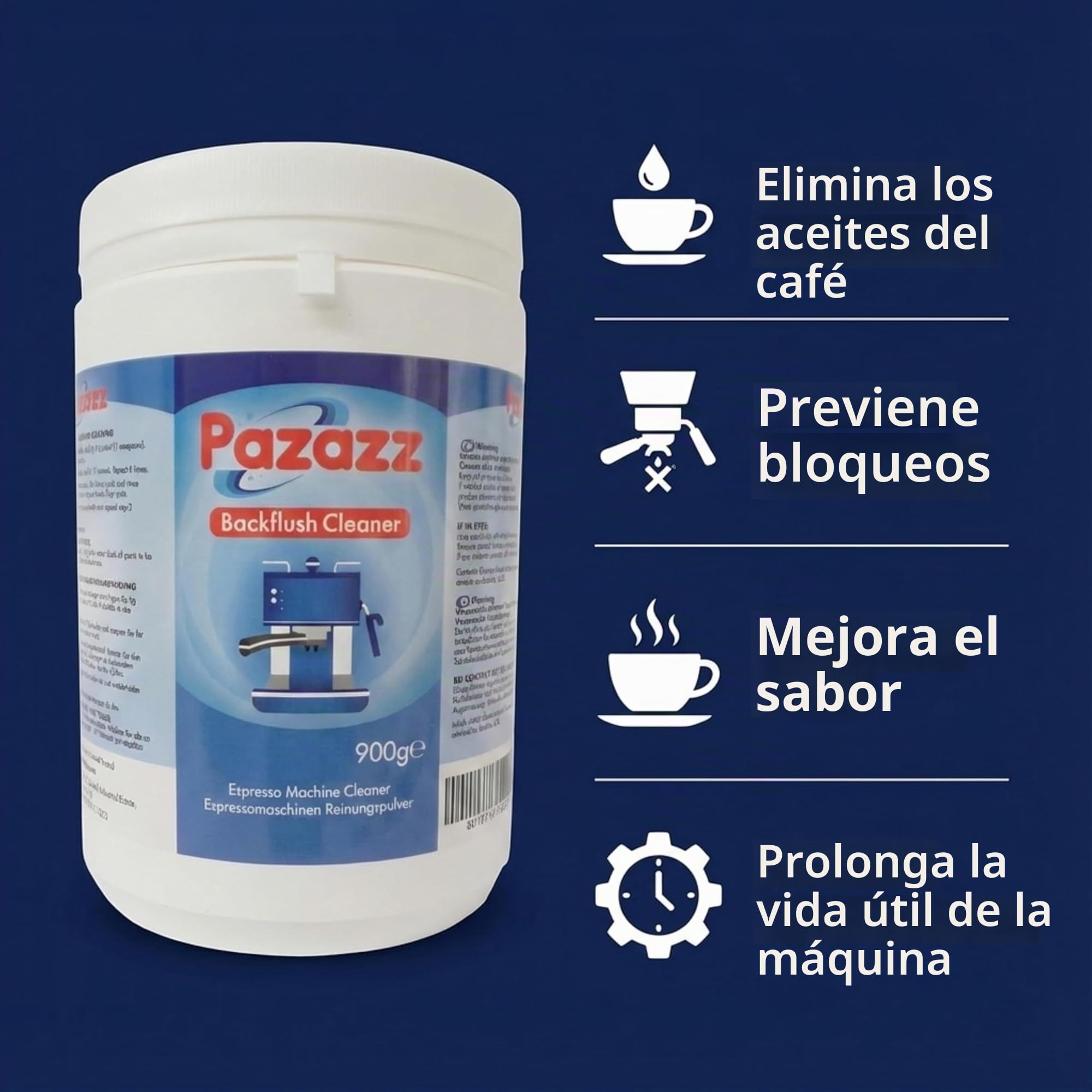 PAZAZZ Limpiador de Residuos de Café – Polvo de Limpieza para Retroenjuague en Grupos de Cafeteras Espresso y Portafiltros – Limpieza Profesional Profunda – Pack de 6