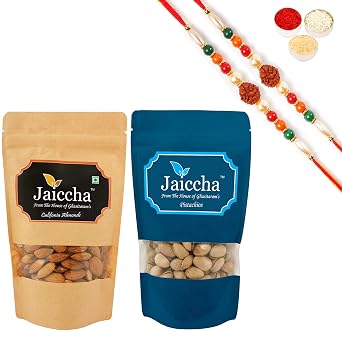 Jaiccha Ghasitaram Rakhi Gifts for Brothers Rakhi Dryfruits - Almonds 100 GMS and Pistachios 100 GMS Pouches with 2 Rudraksh Rakhis