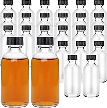 24 Pack 4 oz Glass Bottles with Lids, Reusable Glass Water Bottles, Clear Beverage Bottle Milk Bottles With Caps, Small Boston Round Sample Bottles for Juice, Ginger Shots, Oils, Whiskey, Liquids