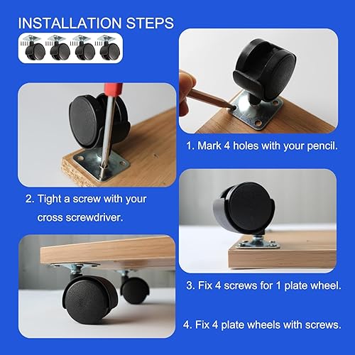 Miniatura 9 de Dalyndar Ruedas giratorias de 2 pulgadas paquete de 4 ruedas de repuesto para muebles con tornillos de freno de bloqueo rueda de goma sin ruido 360