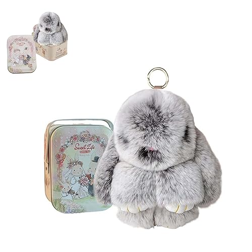 BOVVSKY Bunnylulu Keychain with Box, Bunny Keychain with Tin, BunnyCute Plush Key chain - Frost Grey