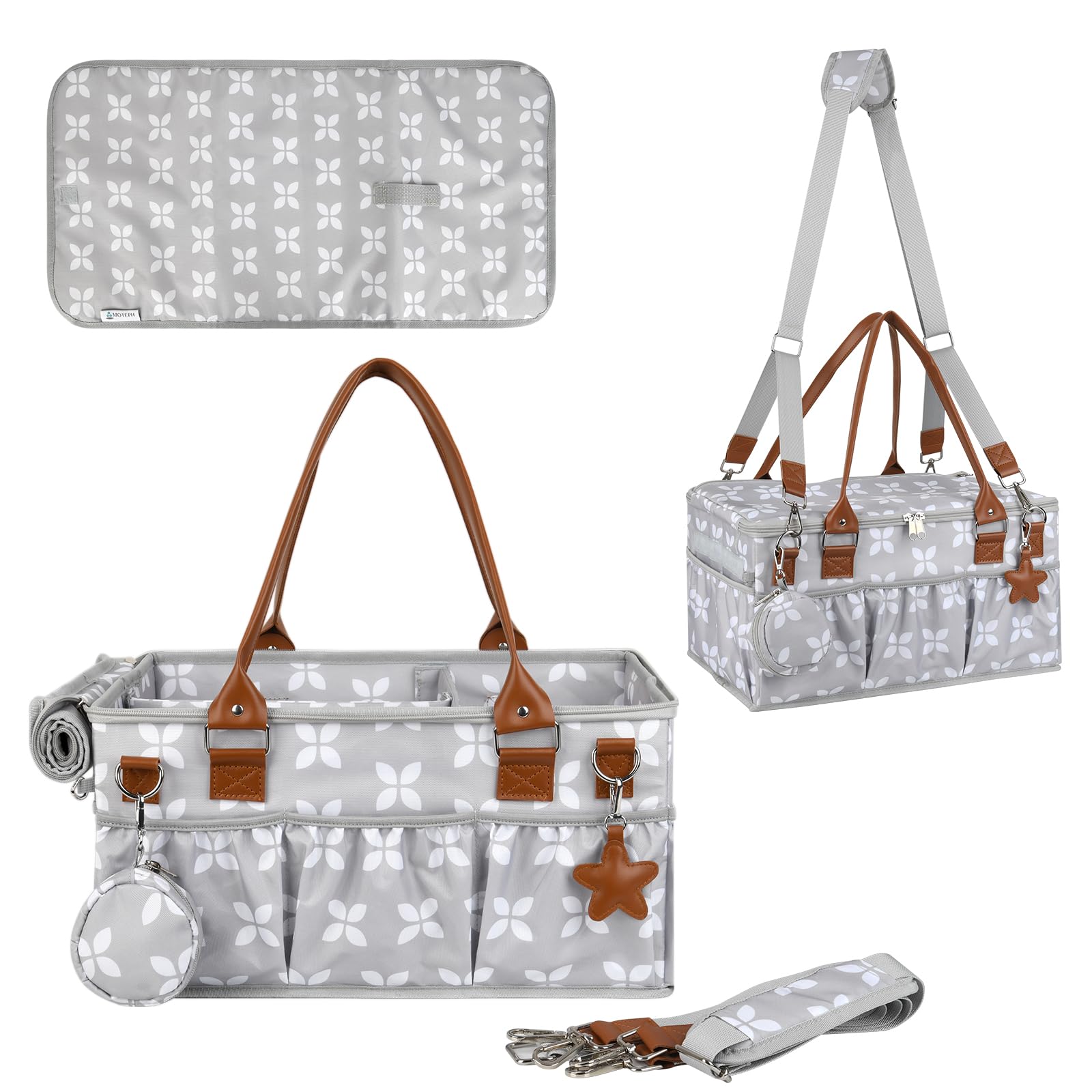 Moteph Diaper Caddy with Changing Mat, Large Baby Diaper Caddy Organizer with Lid, Portable Organizer Basket for Nursery and Car, Shoulder Strap and Pacifier Organizer