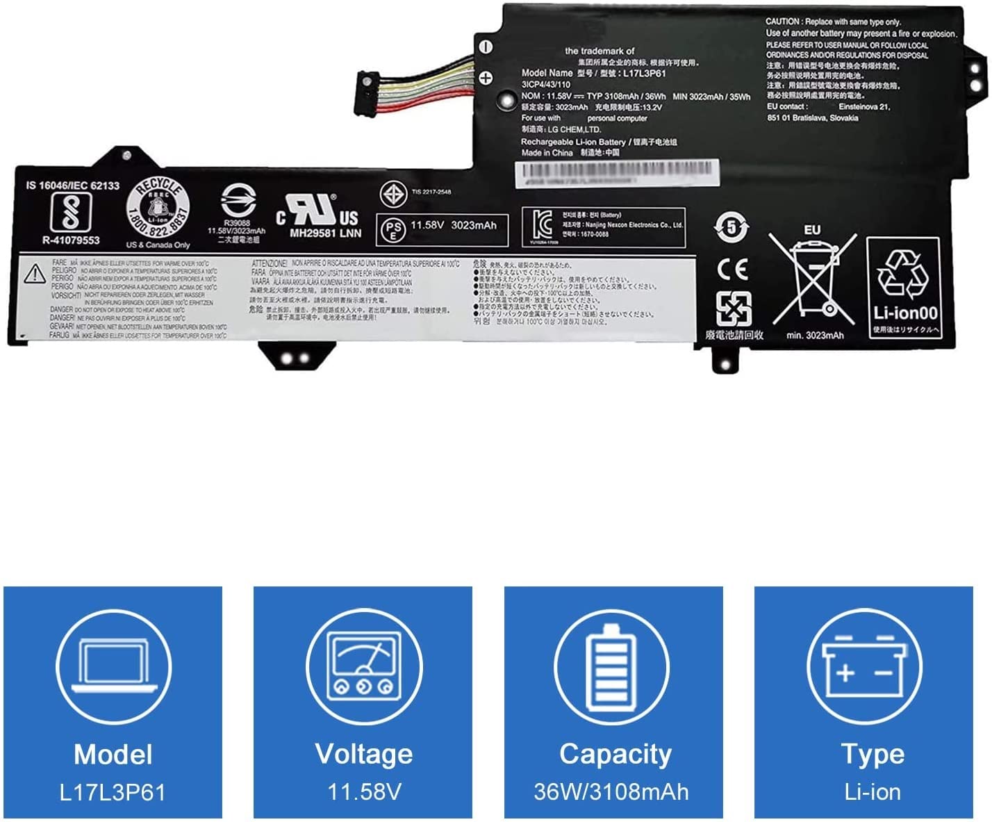 L17L3P61 - Batteria di ricambio compatibile per Lenovo Ideapad Yoga 720-12IKB 330-11IGM 320S-13IKB Flex 6-11IGM serie 7000-13 Notebook L17M3P61 L17C3P61 11,58V 36W/3108 3 celle mAh