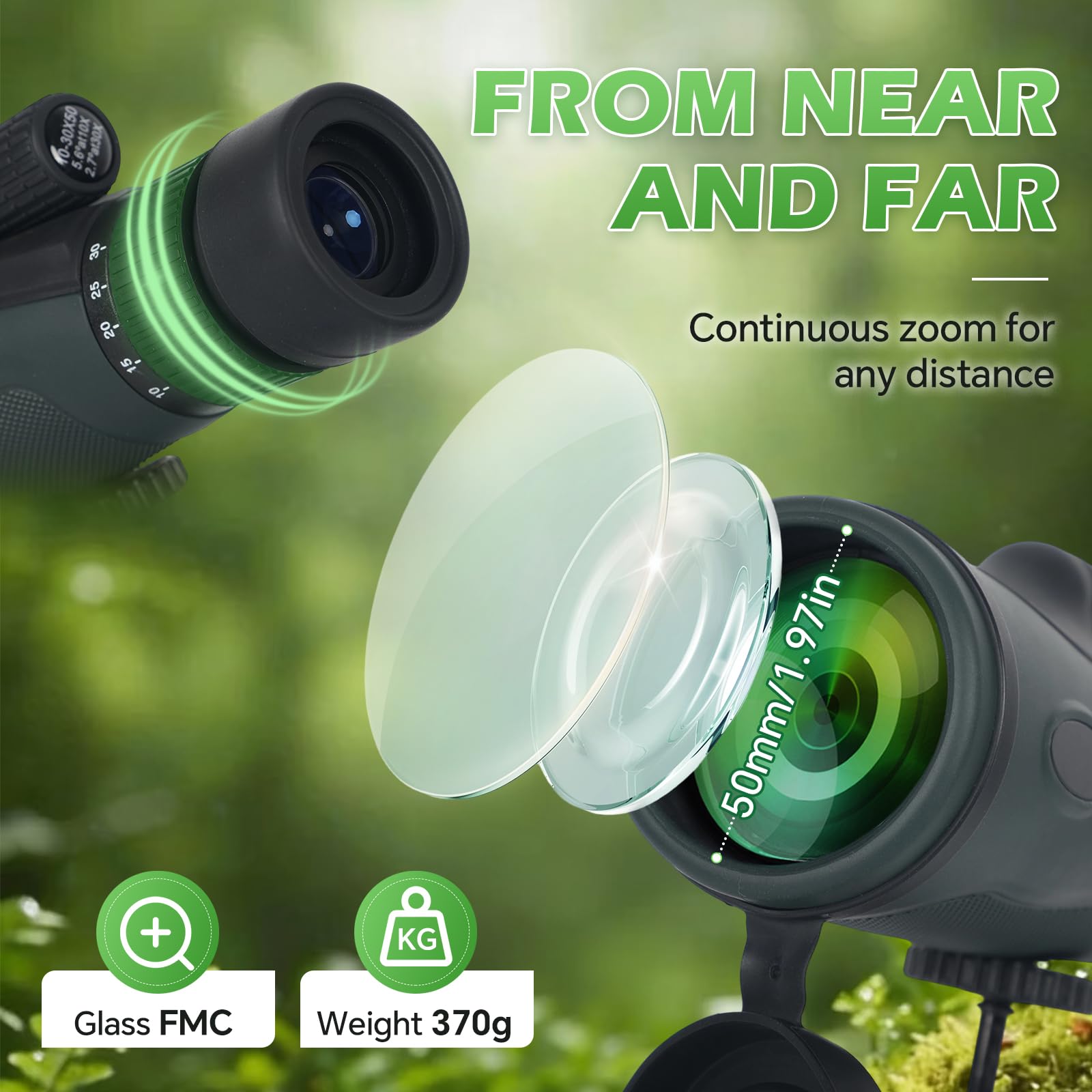Zoom monoculaire 10-30 x 50, HD monoculaire pour adulte, avec support pour smartphone, trépied et dragonne, prisme FMC & BAK4, vision plus grande, pour le camping, l'observation des oiseaux