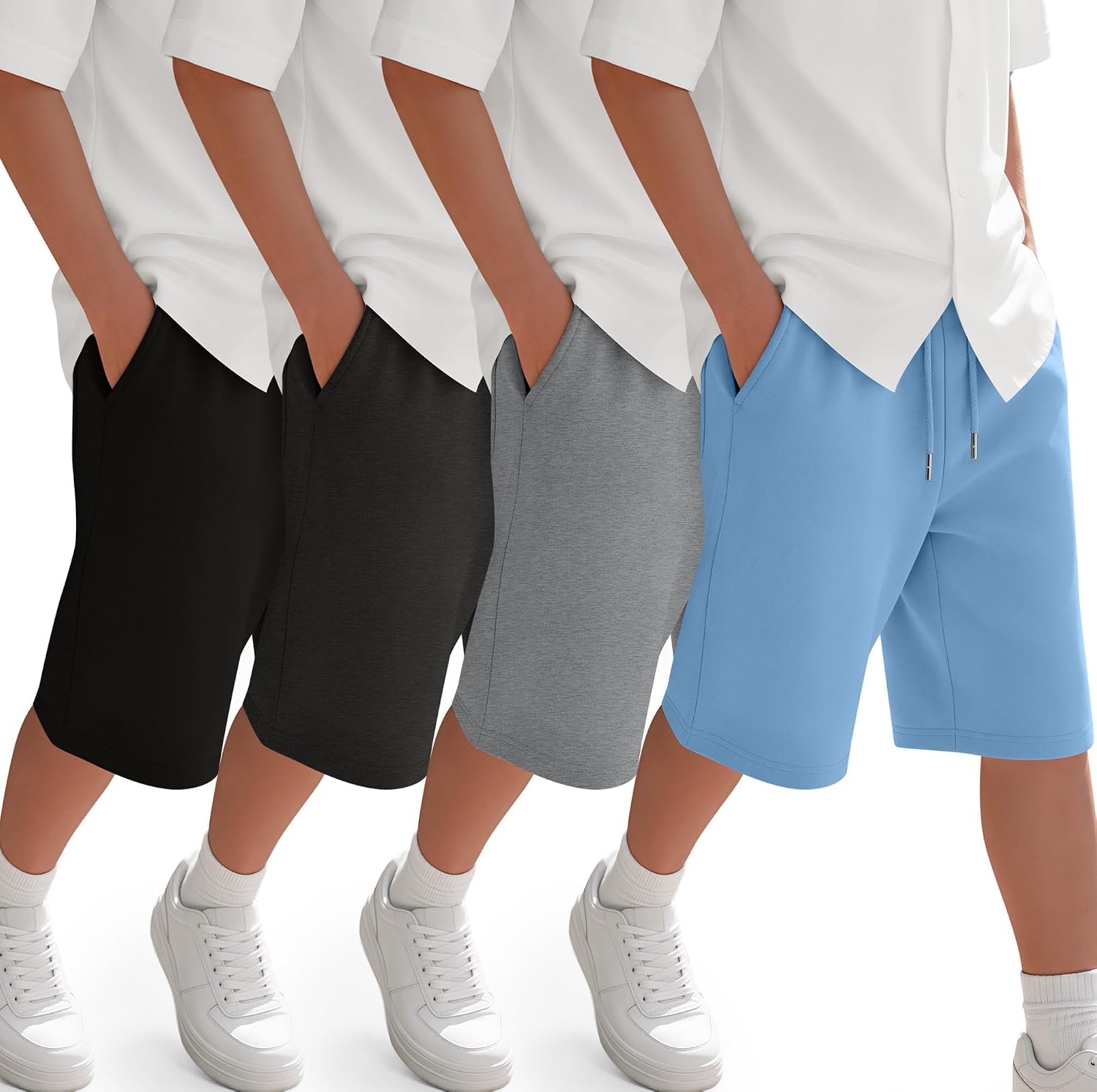 4 Pack Boys Casual Shorts Summer Wide Leg Knee Length Shorts Athletic Pull on Drawstring SweatShorts with Pockets