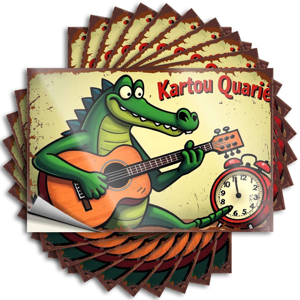 A Cartoon Crocodile Playing Guitar Next to an Alarm Clock. Feminist Retro Kitchen Decor - Decals Hard Removable Vinyl Decal(6X9CM)