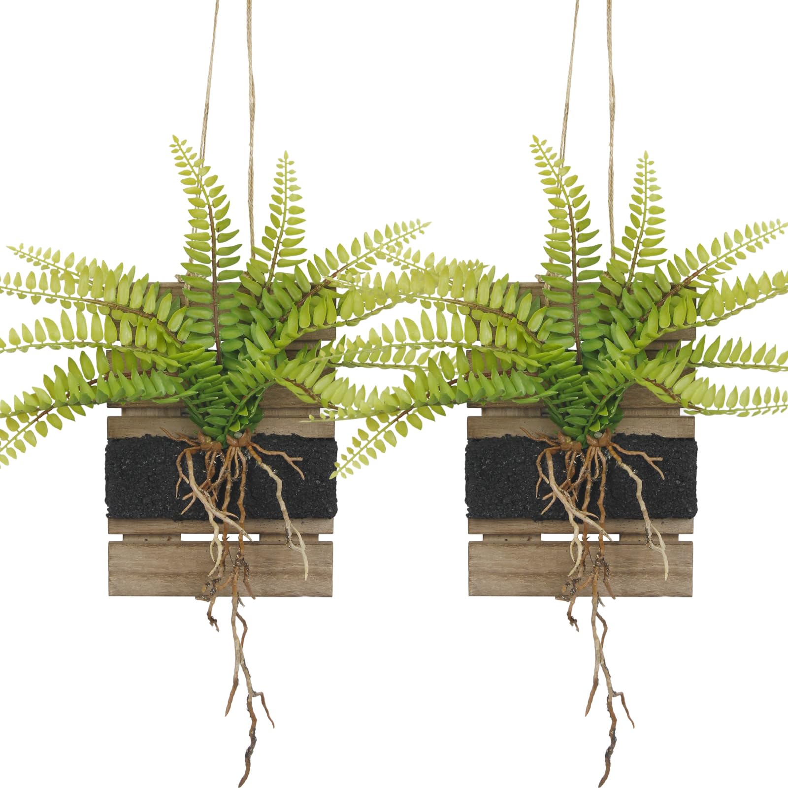 2 Pcs Hanging Planter Vase Wall Decor with Artificial Plants Persian Fern Wooden Base Window Wall Planter Holder for Outdoor Indoor Hanging Plant Shelves for Home Decor Plant Holder Kitchen