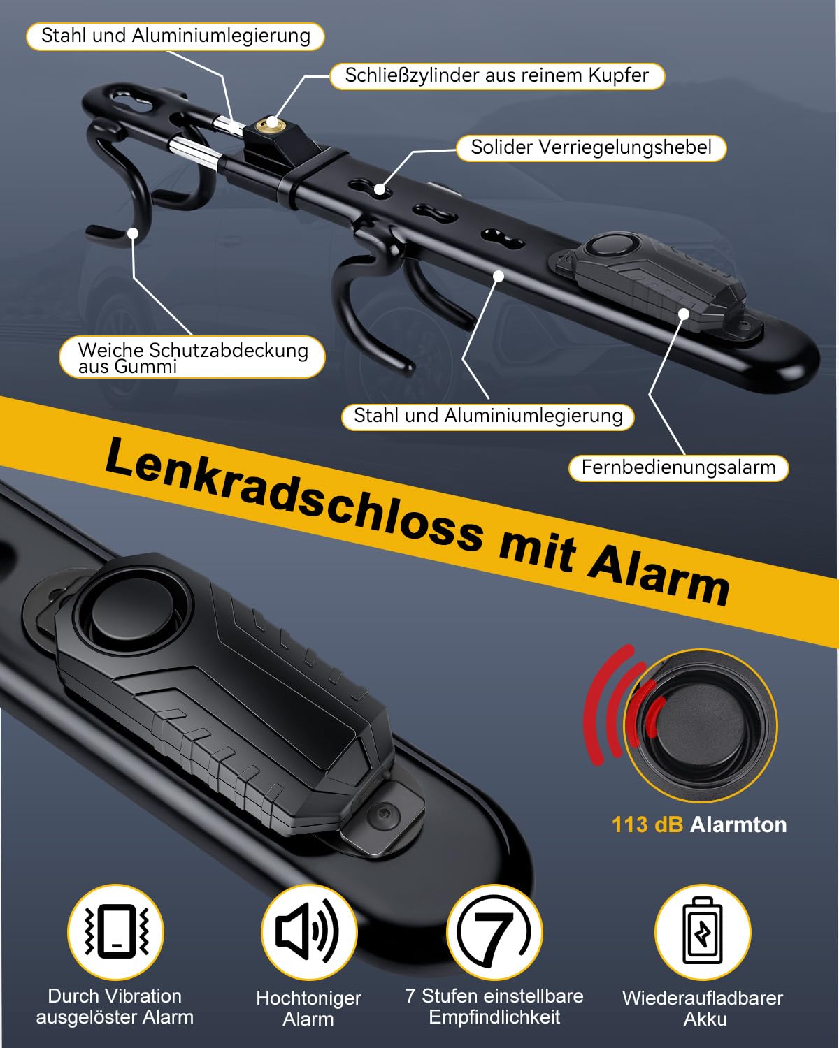 ELECTOP Lenkradschloss mit 113 dB-Alarm – Autoalarmsystem mit Bewegungssensor und Diebstahlschutz, mit einstellbarer Verriegelung und 2 Schlüsseln – Autoalarmsystem für PKW, LKW, Transporter und SUV