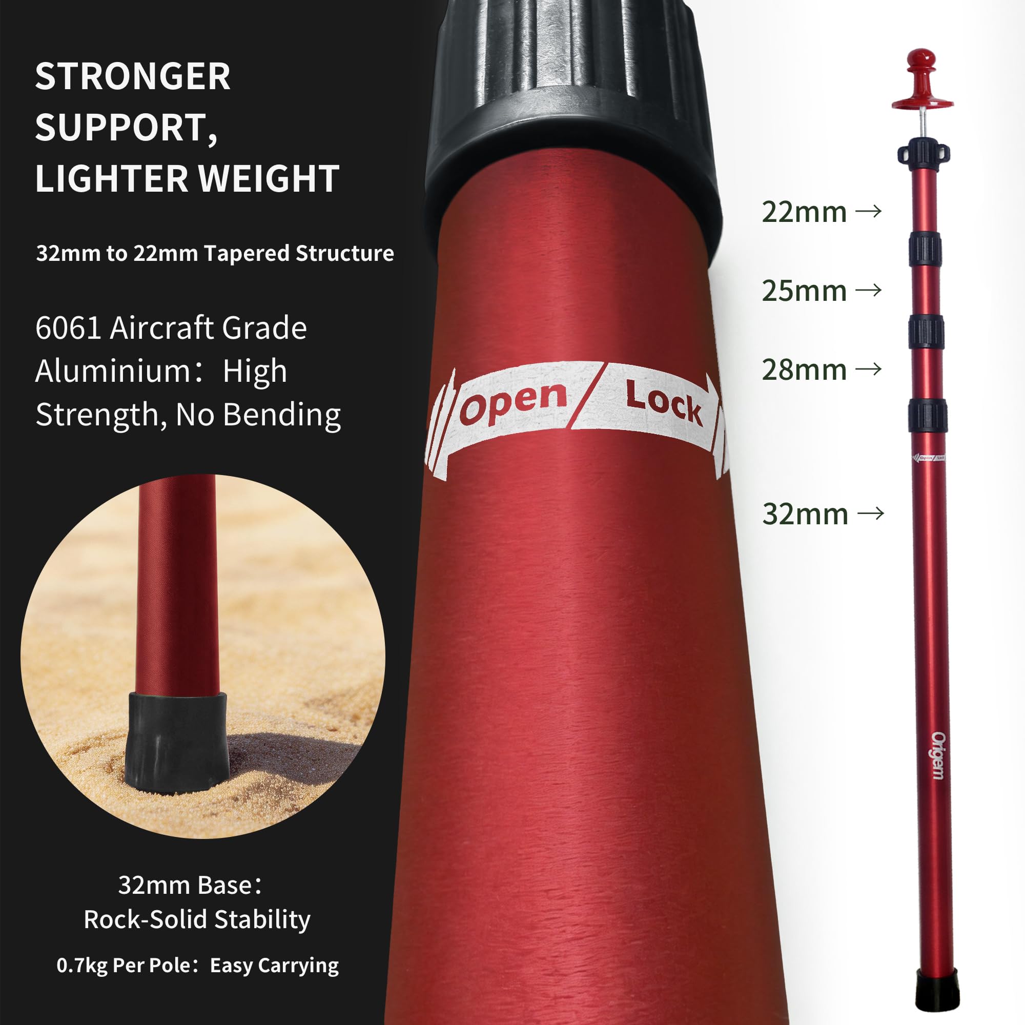 Origem Kijki do Namiotu Zestaw 2, 90-280cm Regulowane Teleskopowe Słupki Wymienne Słupki Kempingowe, Aluminium lotnicze 6061, Średnica 32 mm, Wytrzymałe Słupki na Plażę, na Zewnątrz i do Ogrodu