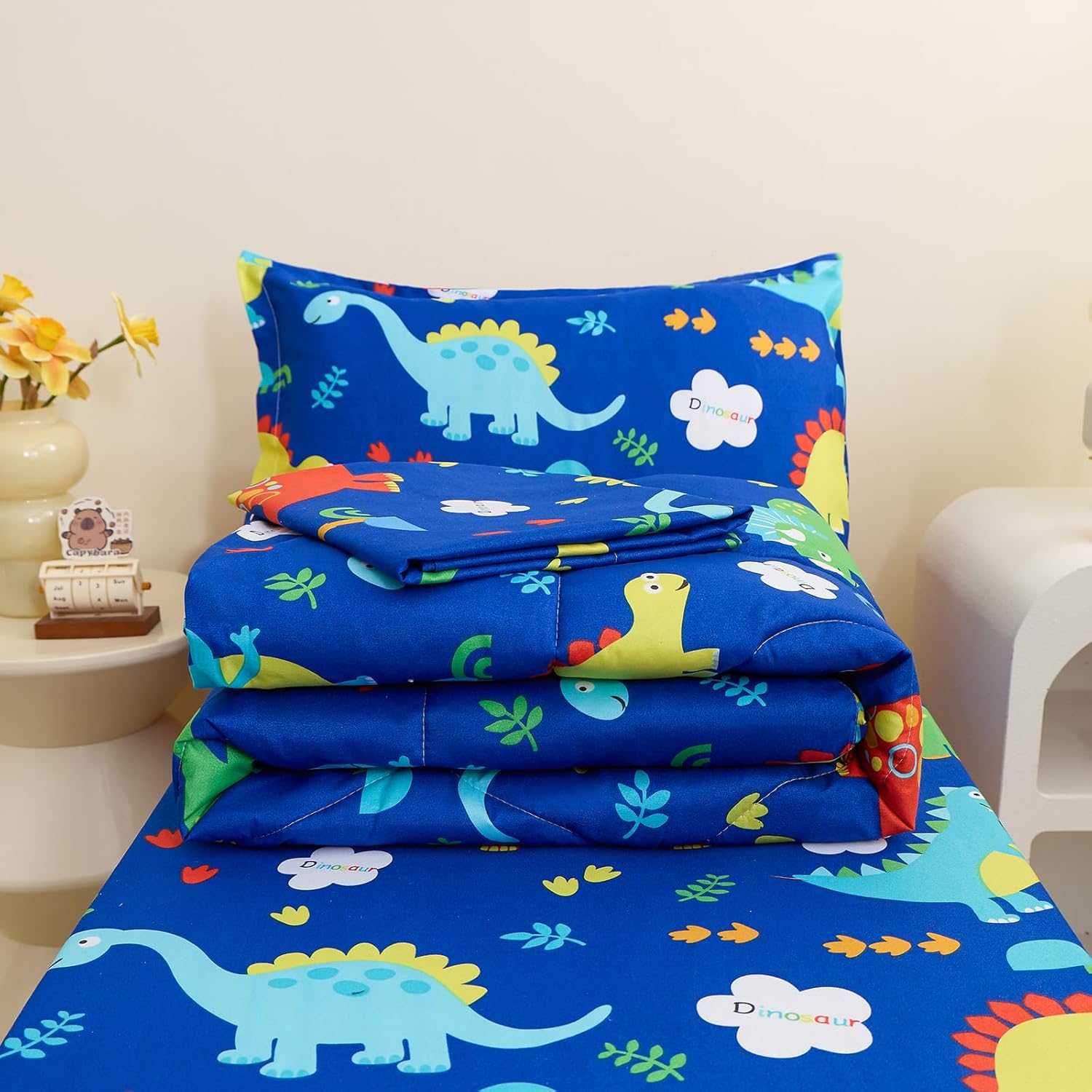 Caressma Navy Toddler Bedding Set, Bed in A Bag Toddler Comforter Set - Cute Dinosaurs Print 4 Pieces Bed Set for Boys, Includes Comforter, Fitted Sheet, Flat Sheet & Pillow Case