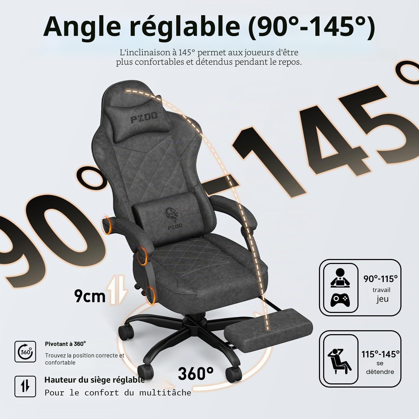 PZDO Chaise Gaming Bureau Ergonomique Chaise Gamer avec Tissu High-Tech, Siege Gaming avec Repose-Pieds, Rembourrée Gaming Chair, Fauteuil Gamer pour Adultes(Noir)