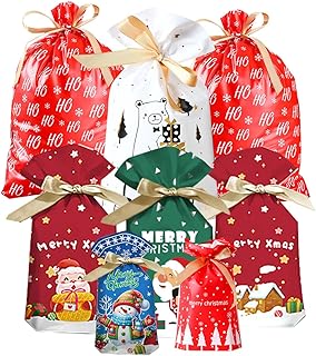 Christmas Drawstring Gift Wrapping Bags - 28pcs Assorted Size Xmas Present Bags Reusable Large Gift Goody Bags for Christmas Party
