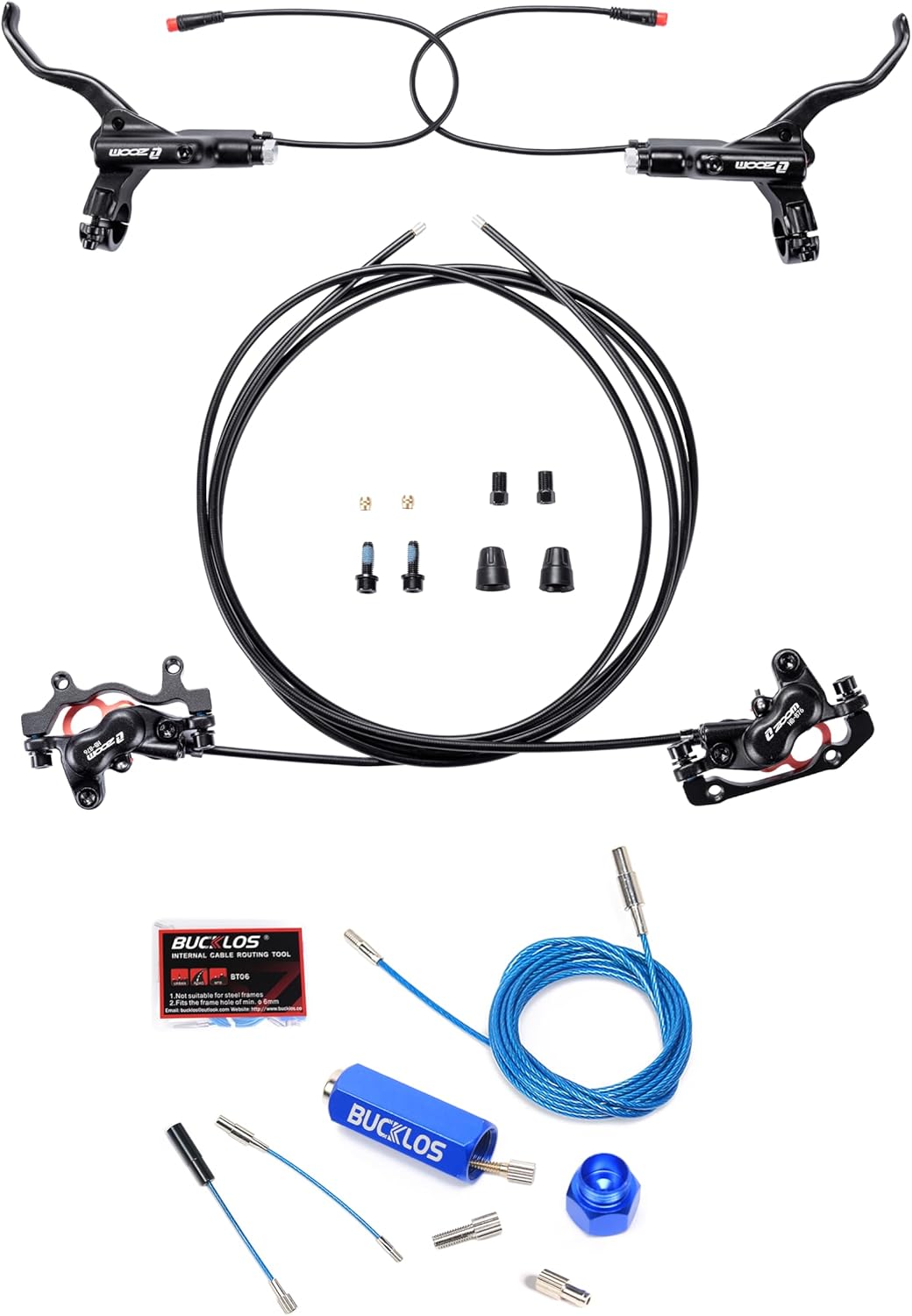 BUCKLOS Zoom H876E 2-PIN 4 Pistons E-Bike Electric Power Off Hydraulic Disc Brake Set and Bike Internal Cable Routing Tool Kit Compatible with 4-5.5mm Cable Housing