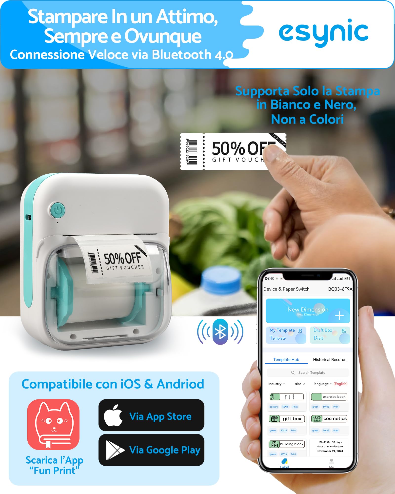 eSynic Mini Etichettatrice Bluetooth e USB con Carta 40x20mm, Cartuccia Visibile con Rullo Rimovibile, Stampante Termica Compatibile con Etichetta 20x10–50x50mm, Ideale per Casa, Ufficio, Studio