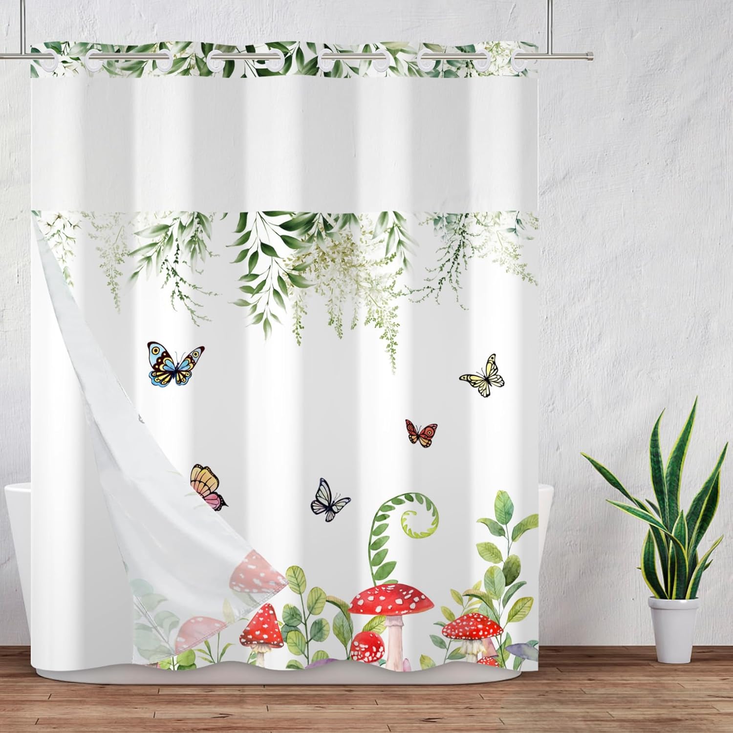 Baocicco No Hook Green Floral Shower Curtain with Snap in Fabric Liner Set Butterfly Mushroom Decorative Hotel Shower Curtain and Liner Set Double Layers with See Through Mesh Top Window 71x74 Inch
