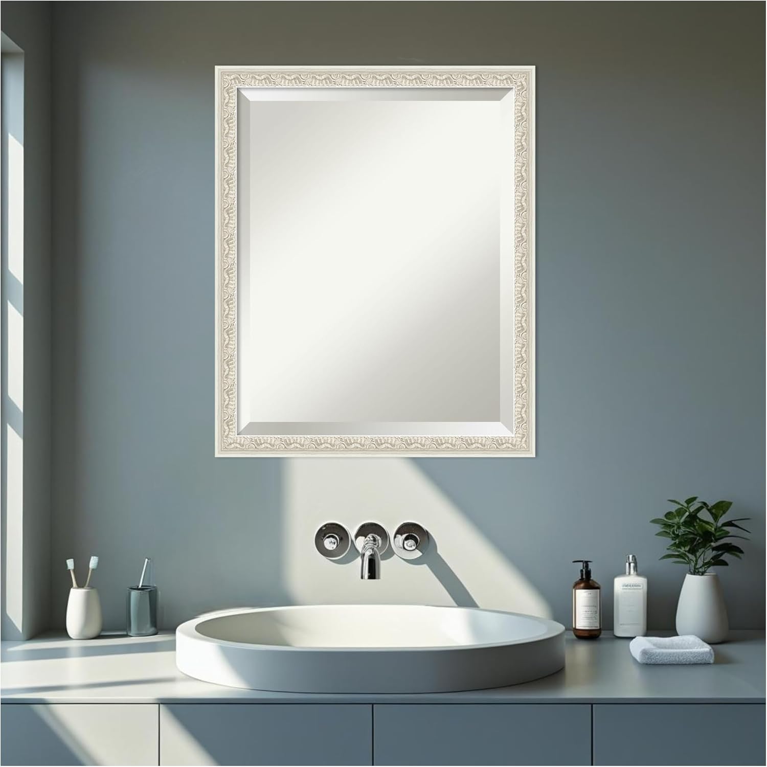 Amanti Art Silver Bathroom Mirror for Over Sink, 22x18 Bethany Silver Rectangle Vanity Mirror, Small Traditional Wood Frame, Hangs Horizonally and Vertically, Bathroom Wall Decor, Beveled Edge