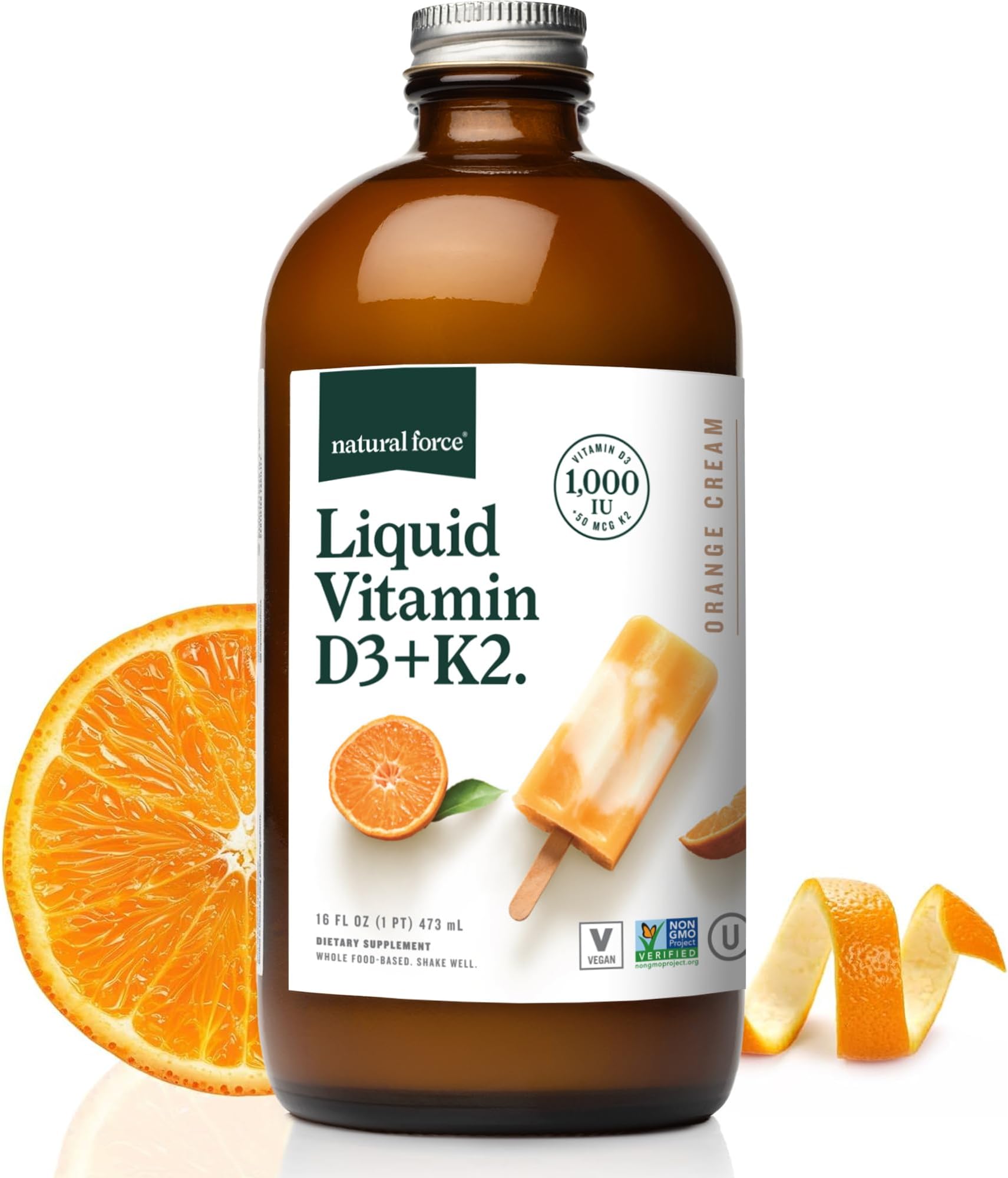 Natural Force Pure Vitamin D โ Liquid D3 & K2 with Coconut MCT โ1,000 IU, Immunity & Nutrient Absorption Booster- Vegan - Orange Cream, 16 fl oz