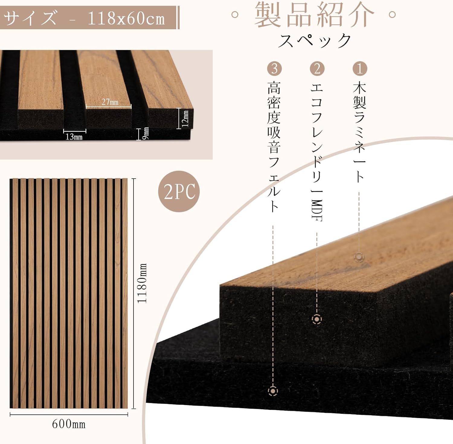 Walspax ウッドパネル 吸音ボード 118x60.5cm 2PC 吸音材 防音壁 木製 3d 防音パネル 騒音対策 木板 ウォールパネル 防音室 音工房 歌 練習 ゲーム 隣の部屋 うるさい ピアノ カラオケ（オーケン）